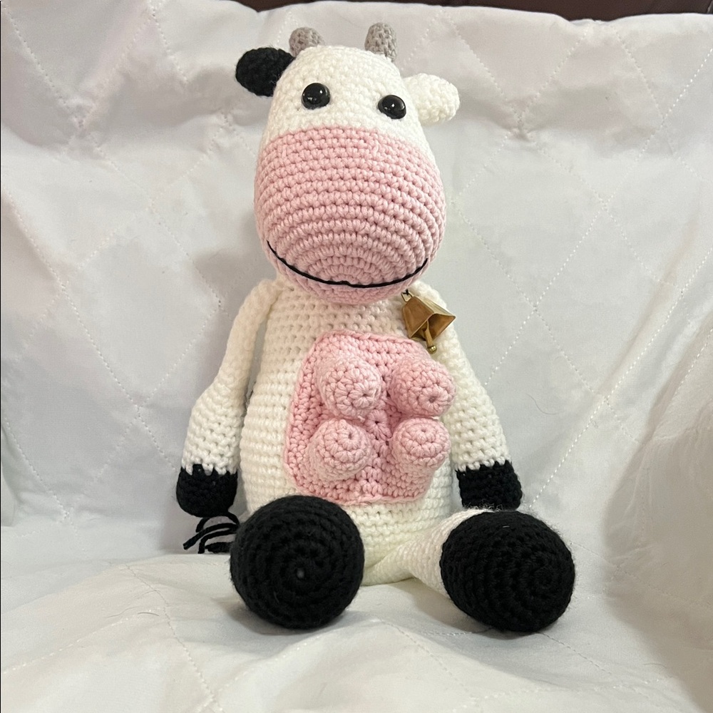 Handmade Crochet Cow Plush with Pink Udder